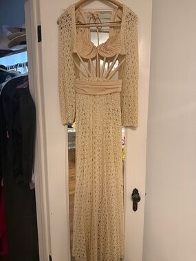 PatBO Cream Crochet Backless Maxi Dress with Tie Straps